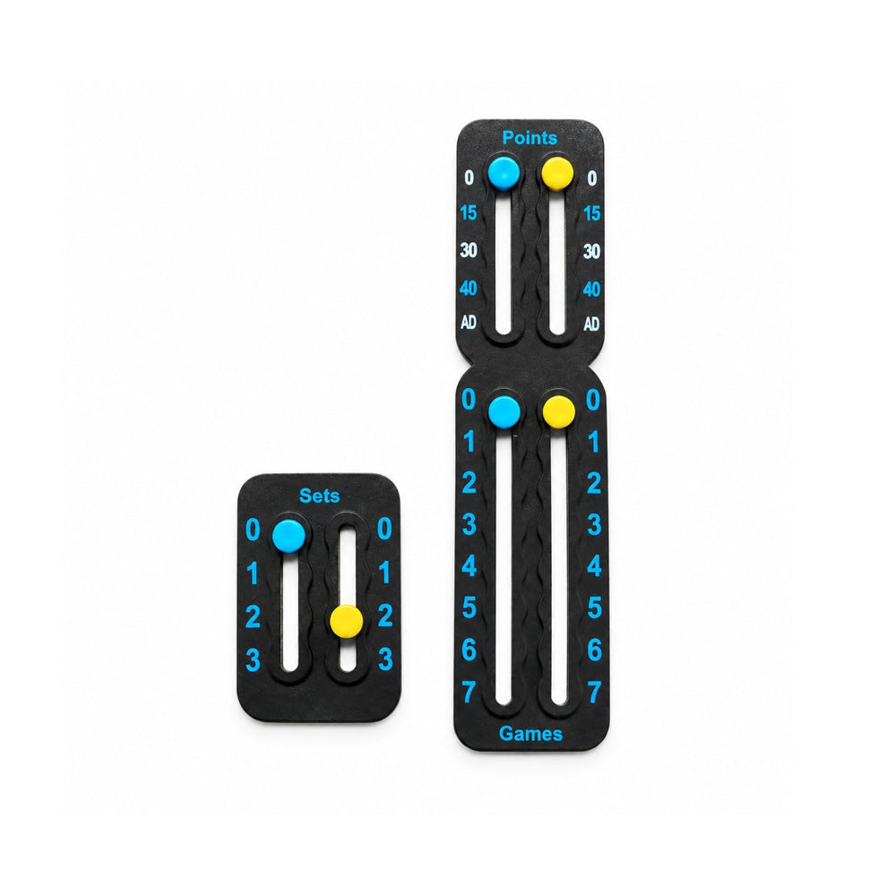 Racket score keeper with points, games and sets sliders in blue and yellow
