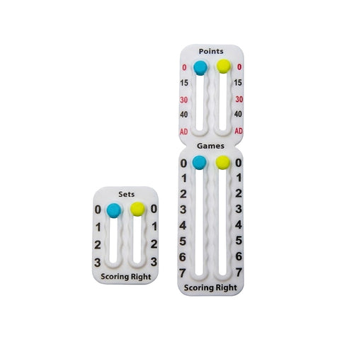 White racket score keeper with points, games and sets sliders in blue and yellow